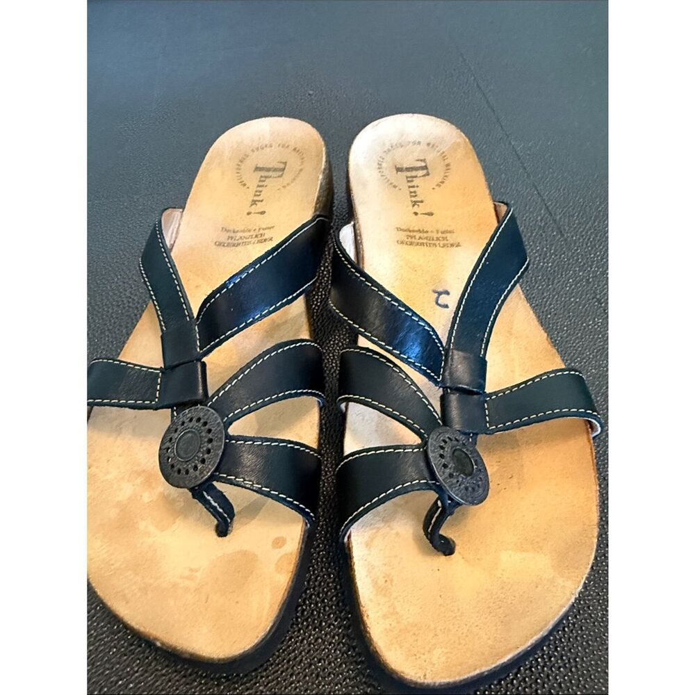 Think! Julia  Black with White stitching Strappy Toe-Ring Sandals size 40/ 9-9.5
